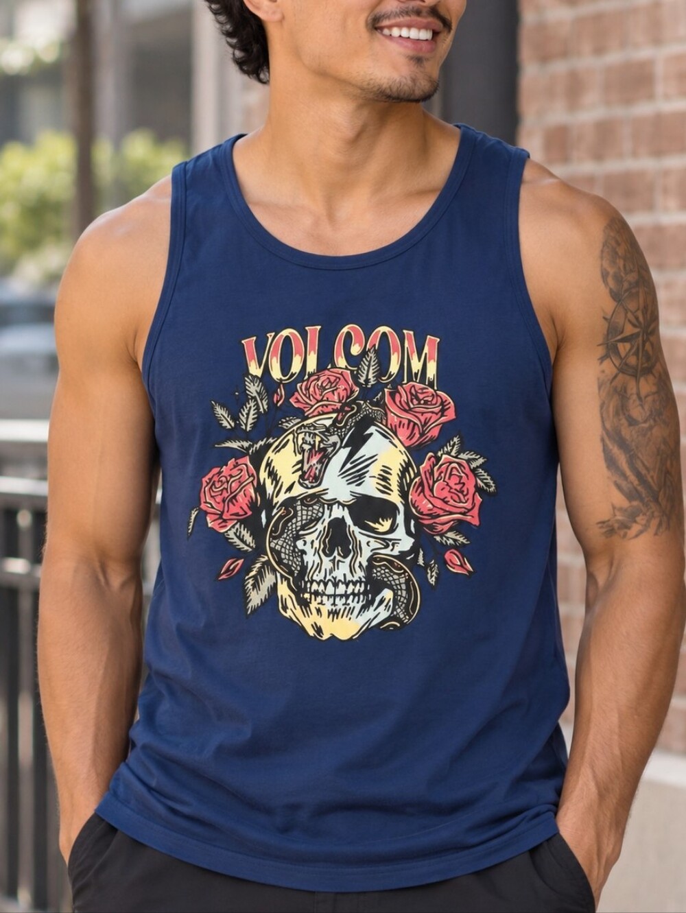 Volcom Blue Heartache Skull Rose Graphic Tank Top Men’s M -D